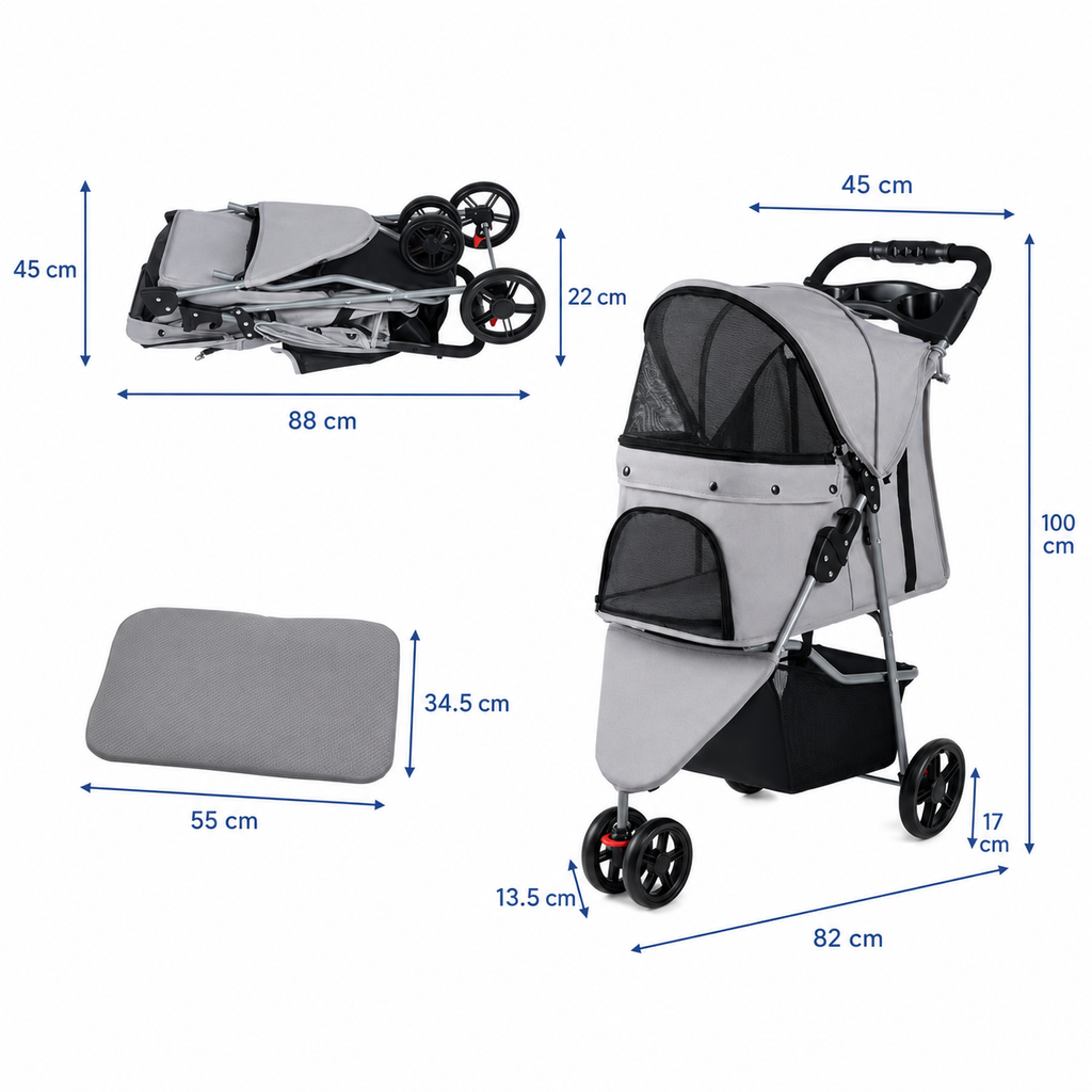 Poussette chien 3 roues | Légère 5 kg, chien jusqu'à 15 kg