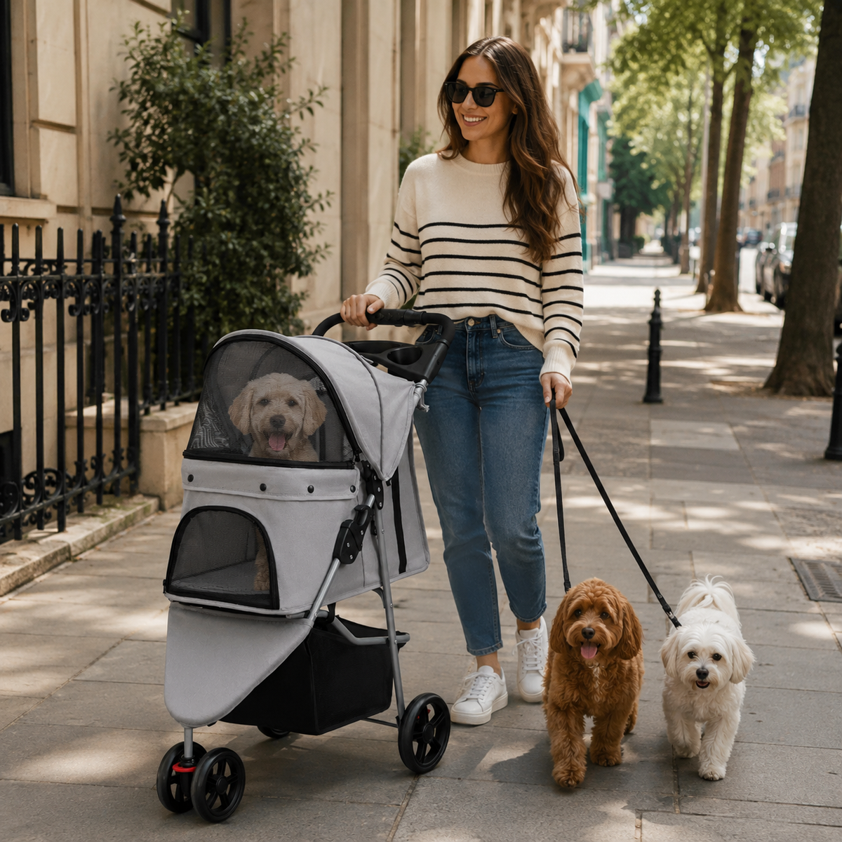 Poussette chien 3 roues | Légère 5 kg, chien jusqu'à 15 kg