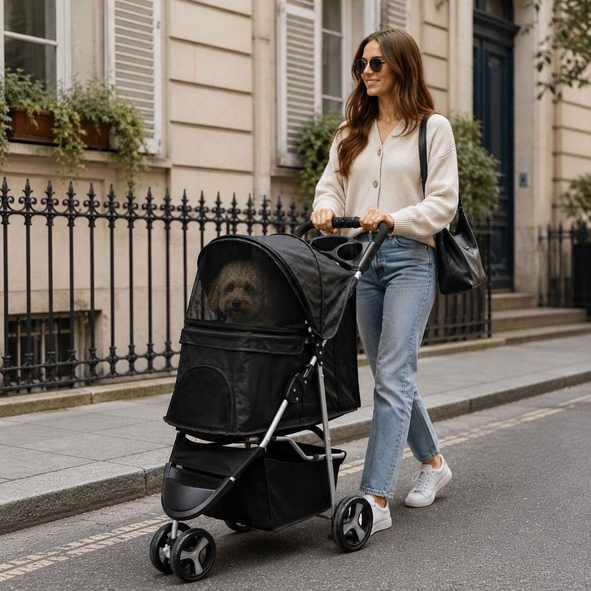 Poussette chien 3 roues | Élégante & robuste pour chiens jusqu'à 16 kg