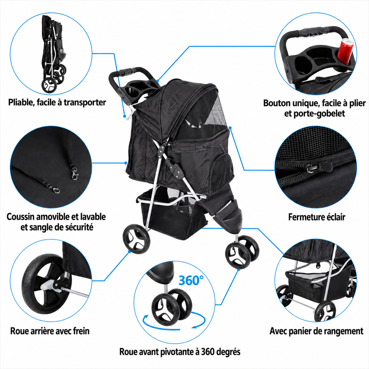 Poussette chien 3 roues | Élégante & robuste pour chiens jusqu'à 16 kg